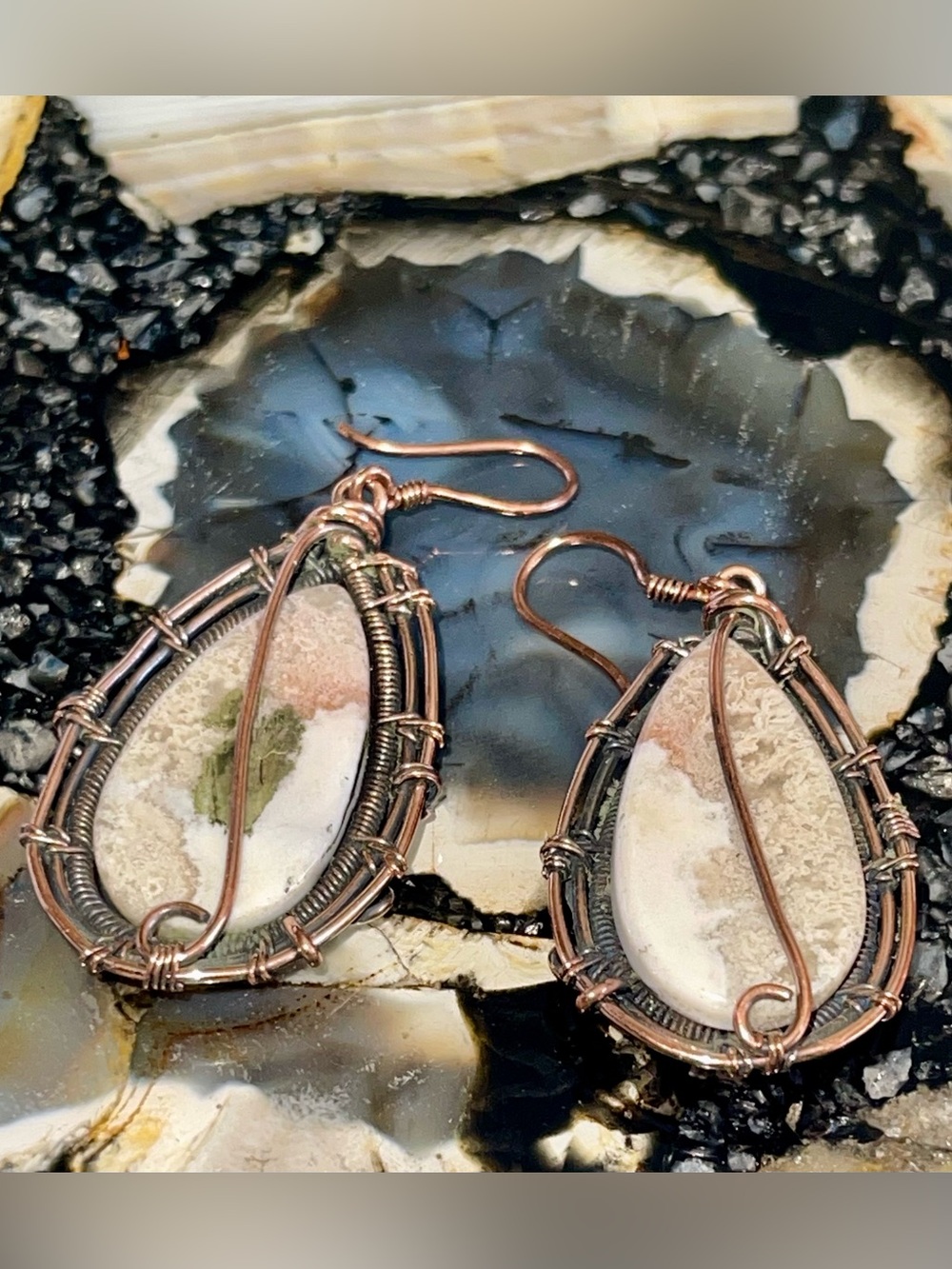 Copper Wire-wrapped Crazy Lace Agate Earrings 2 1/4” - Picture 15 of 17